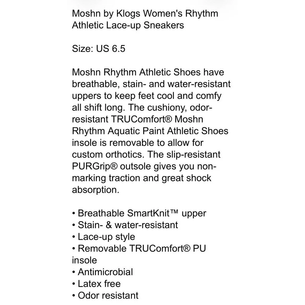Moshn by Klogs Women's Rhythm Athletic Lace-up Sneakers  US 6.5  Nursing Shoes